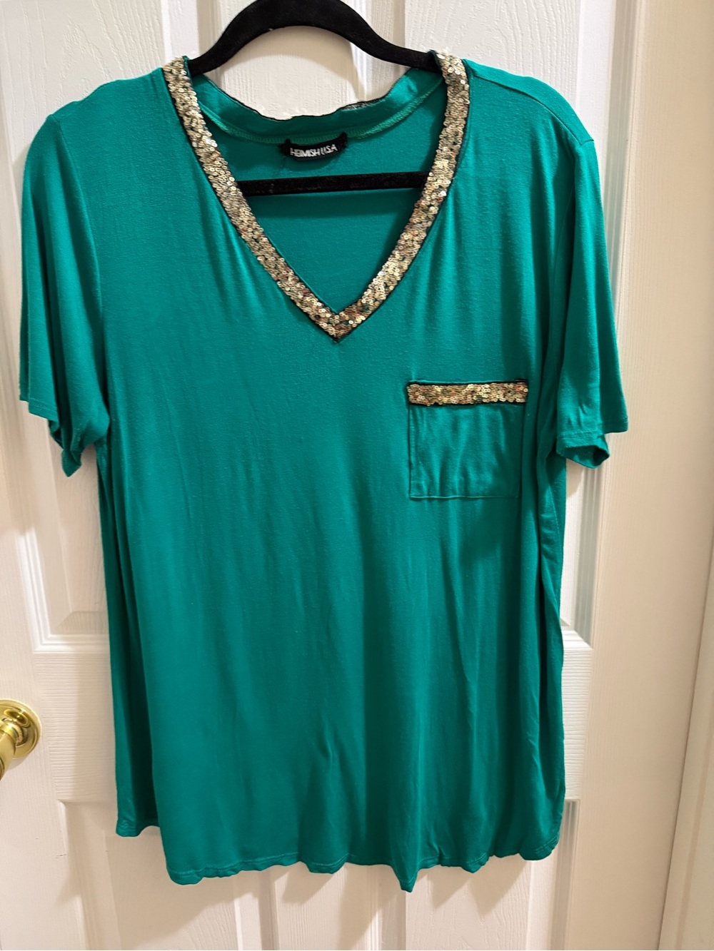 Mishka Teal V-Neck Top with Gold Sequin Trim